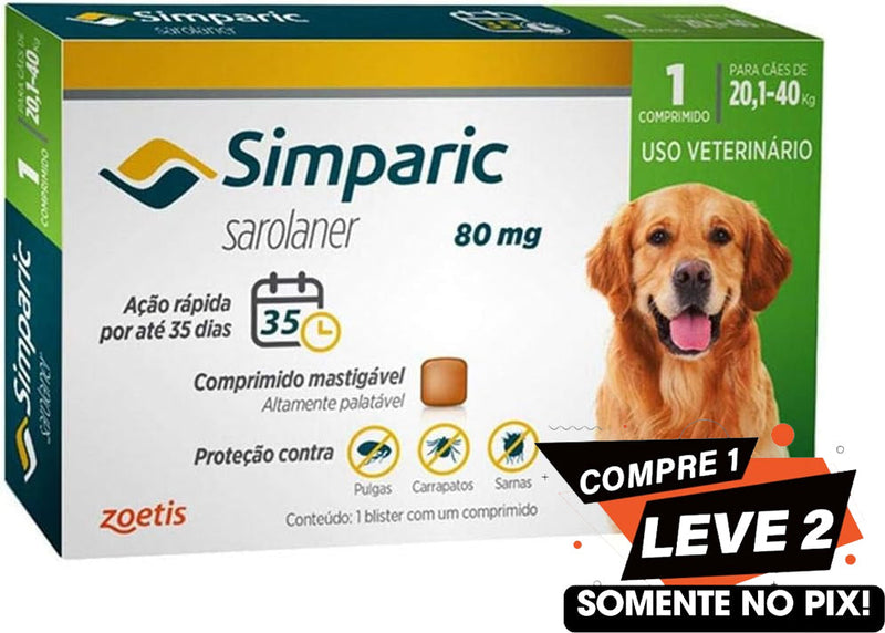 Antipulgas Zoetis Simparic 80mg para Cães de 20,1 a 40kg - 1 Comprimido